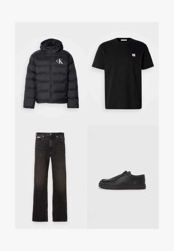 Una chaqueta acolchada negra con cremallera frontal, capucha y el logo "CK" en blanco. Presenta un diseño acolchado y una textura suave y brillante.; Camiseta de algodón negra de manga corta, cuello redondo y un pequeño logo bordado en el lado izquierdo del pecho. Textura suave, corte regular.; Jeans de mezclilla negra con un diseño de pierna recta, acabado desteñido, estilo de cinco bolsillos y cierre de botón metálico. Presenta un ligero efecto de desgastado.; Zapato de piel negro tipo slip-on con punta redonda, detalles de costura y suela de goma negra. Textura suave con un diseño minimalista.