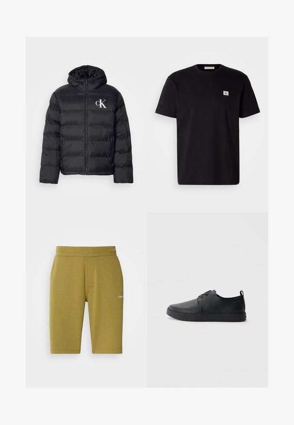 Zwarte pufferjack met een ritssluiting aan de voorkant, een capuchon en een witte "CK"-logo. Heeft een gewatteerd ontwerp en een gladde, glanzende textuur.; Zwart katoenen T-shirt met korte mouwen, ronde hals en een klein geborduurd logo op de linker borst. Soepele textuur, normale pasvorm.; Olijfgroene shorts van een zachte katoenen mix, met een gladde textuur, elastische tailleband en een discreet logo aan de linkerkant.; Zwarte leren sneaker met een gladde afwerking, ronde neus, tonale stiknaden, vetersluiting aan de voorkant en een vlakke rubberen zool. Lussje aan de hak.