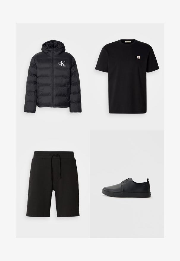 Black puffer jacket with a zip front, hood, and white "CK" logo. Features a quilted design and smooth, shiny texture.; Black cotton t-shirt with short sleeves, crew neck, and a small embroidered logo on the left chest. Smooth texture, regular fit.; Black knit shorts with a textured fabric, an elastic waistband, adjustable drawstring, and side pockets. Length falls above the knee.; Black leather sneaker with a smooth finish, rounded toe, tonal stitching, lace-up front, and a flat rubber sole. Loop at the heel.
