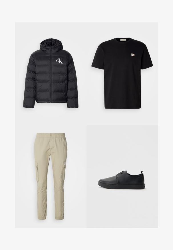Mustat untuvatakki, jossa on vetoketjullinen etuosa, huppu ja valkoinen "CK"-logo. Takissa on tilkkutäkkikuvio ja sileä, kiiltävä pinta.; Musta puuvillapaita lyhyillä hihoilla, pyöreällä kauluksella ja pienellä kirjailulla vasemmassa rinnassa. Sujuva pinta, normaali malli.; Beige cargo-housut, joissa on joustava vyötärö, kaksi sivutaskua ja sileä pinta. Taskussa on pieni logo-ompelu.; Musta nahkakengät hienolla pinnalla, pyöreällä varvastyönnöllä, sävyyn sointuvilla ompeluilla, nauhakengät edessä ja littealla kumipohjalla. Silmukka kantapäässä.