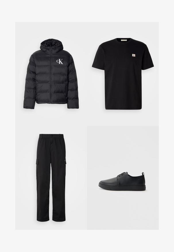 Mustam švammjakke, millel on esiküljel tõmblukk, kapuuts ja valge "CK" logo. Omab quiltitud disaini ja siledat, läikivat tekstuuri.; Mustmustärg t-särk lühikeste varrukatega, ümmarguse kaelusega ja väike tikitud logo vasakul rinnal. Sile tekstuur, tavaline sobivus.; Mustad musta värvi cargo püksid elastse vöökohtaga, kaks külgtaskut ja pehme, kerge kangas. Omaduseks on sirge jalg ja minimalistlik disain.; Mustaläik nahast spordijalatsid siledaga viimistlusega, ümarate varvastega, sama tooni õmblustega, nööbid ees, ja lamedate kummist tallaga. Kannas aas.