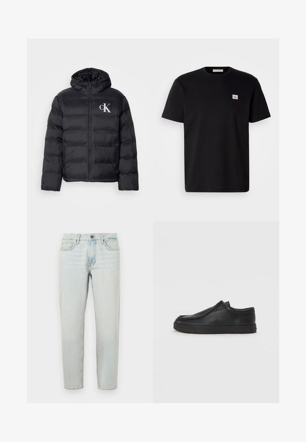 Zwarte pufferjack met een ritssluiting aan de voorkant, een capuchon en een witte "CK"-logo. Heeft een gewatteerd ontwerp en een gladde, glanzende textuur.; Zwart katoenen T-shirt met korte mouwen, ronde hals en een klein geborduurd logo op de linker borst. Soepele textuur, normale pasvorm.; Lichtblauwe denim jeans met een rechte pijp, vijf zakken en knoopsluiting. De stof heeft een vervaagde, licht versleten textuur.; Zwarte leren instapschoen met een ronde neus, gestikte details en een zwarte rubberen zool. Soepele textuur met een minimalistisch ontwerp.