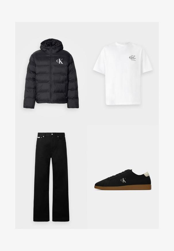Casaco puffer preto com fecho frontal, capuz e logótipo "CK" branco. Apresenta um design acolchoado e uma textura suave e brilhante.; T-shirt de algodão branco com mangas curtas, gola redonda, apresentando um logo CK preto na área do peito esquerdo, ajuste padrão, textura suave.; Calças de ganga pretas com um design de pernas largas, apresentando cinco bolsos e fechos metálicos. Textura suave, sem padrões visíveis.; Sapatilhas pretas de lona com sola de borracha caramelo, apresentando um logo prateado "cK" de um lado e um detalhe branco no calcanhar. Design de cano baixo.