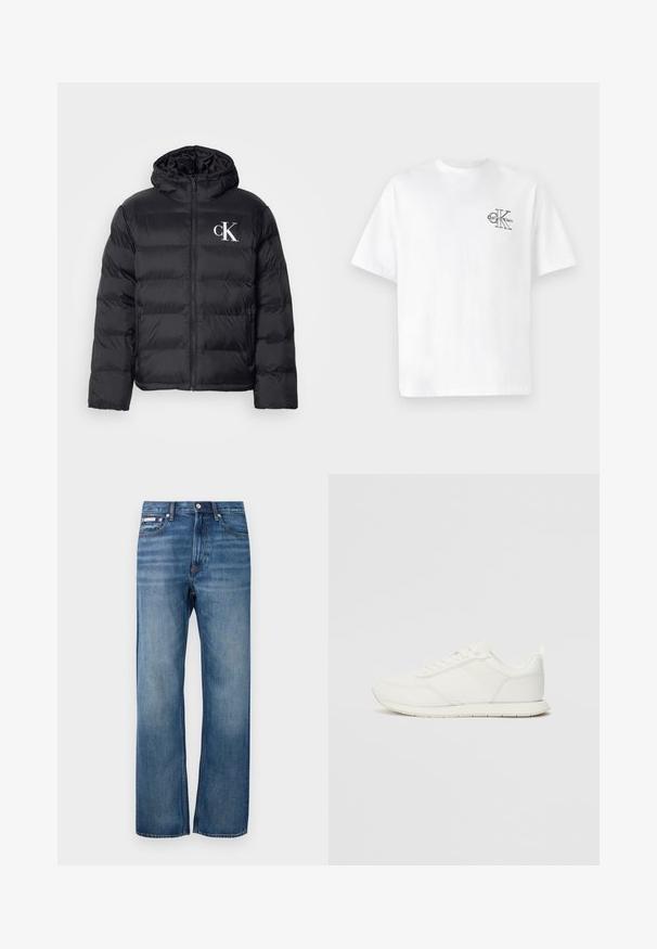 Black puffer jacket with a zip front, hood, and white "CK" logo. Features a quilted design and smooth, shiny texture.; White cotton t-shirt with short sleeves, crew neck, featuring a black CK logo on the left chest area, standard fit, smooth texture.; Blue straight-leg denim jeans with slight fading, front button closure, and a small logo tag on the right front pocket.; White sneaker with a mesh and synthetic upper, round toe, flat laces, and a textured side stripe. Rubber sole with a pull tab at the back.