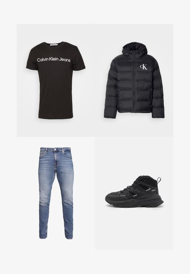 Črni puffjakna z zadrgo spredaj, kapuco in belim logotipom "CK". Ima prešito zasnovo in gladko, sijočo teksturo.; Črna bombažna majica s krožno odprtino in kratkimi rokavi; logo "Calvin Klein Jeans" v beli barvi čez prsni del.; Modre slim-fit kavbojke s petimi žepi, zbledelim pranjem, gumbom za zapiranje in zankami za pas, prikazane na belem ozadju.; Črne pohodne čevlje z večplastno zasnovo, teksturirano tkanino in gumijastim podplatom, z ojačanimi deli in vezalkami spredaj.