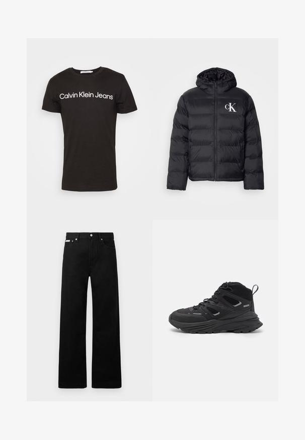 Casaco puffer preto com fecho frontal, capuz e logótipo "CK" branco. Apresenta um design acolchoado e uma textura suave e brilhante.; T-shirt preta de algodão com decote redondo e mangas curtas; logótipo "Calvin Klein Jeans" em branco na parte da frente.; Calças de ganga pretas com um design de pernas largas, apresentando cinco bolsos e fechos metálicos. Textura suave, sem padrões visíveis.; Botas de caminhada pretas com um design em camadas, tecido texturizado e sola de borracha, com áreas reforçadas e atacadores na frente.