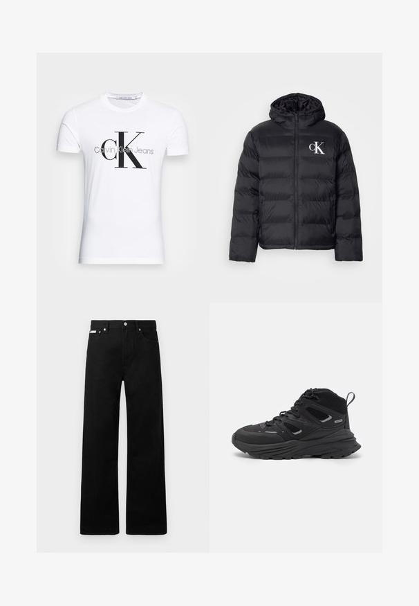 Czarna kurtka puchowa z zamkiem z przodu, kapturem i białym logo "CK". Posiada pikowany wzór oraz gładką, błyszczącą teksturę.; Biała bawełniana koszulka z krótkim rękawem z czarnym logo "CK" oraz napisem "Calvin Klein Jeans", z klasycznym okrągłym dekoltem.; Czarne dżinsowe spodnie o szerokim kroju, z pięcioma kieszeniami i metalowymi guzikami. Gładka tekstura, bez widocznych wzorów.; Czarne buty trekkingowe z warstwowym wzornictwem, teksturowanym materiałem i gumową podeszwą, z wzmocnionymi obszarami i sznurowanym przodem.