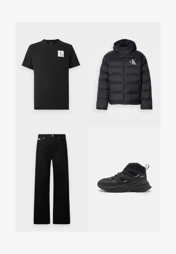 Czarna kurtka puchowa z zamkiem z przodu, kapturem i białym logo "CK". Posiada pikowany wzór oraz gładką, błyszczącą teksturę.; Czarny bawełniany t-shirt z krótkim rękawem i okrągłym dekoltem. Posiada białe logo w kształcie kwadratu z napisem "CK" w kolorze czarnym na lewej piersi.; Czarne dżinsowe spodnie o szerokim kroju, z pięcioma kieszeniami i metalowymi guzikami. Gładka tekstura, bez widocznych wzorów.; Czarne buty trekkingowe z warstwowym wzornictwem, teksturowanym materiałem i gumową podeszwą, z wzmocnionymi obszarami i sznurowanym przodem.