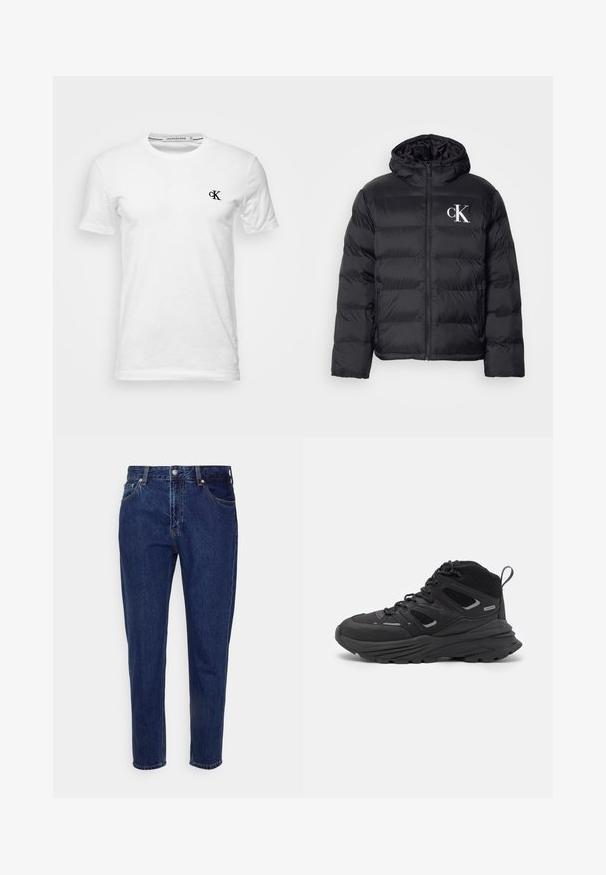 Černá péřová bunda s předním zipem, kapucí a bílým logem "CK". Obsahuje prošívaný design a hladký, lesklý povrch.; Bílý bavlněný tričko s kulatým výstřihem a krátkými rukávy, s malým černým logem "ck" na levé části hrudi.; Tmavě modré džíny z denimu s rovným střihem, pěti kapsami a zapínáním na knoflík. Obsahují jemné vyblednutí a detaily šití.; Černé turistické boty s vrstveným designem, texturovanou látkou a gumovou podešví, se zesílenými částmi a šněrovacím uzávěrem.