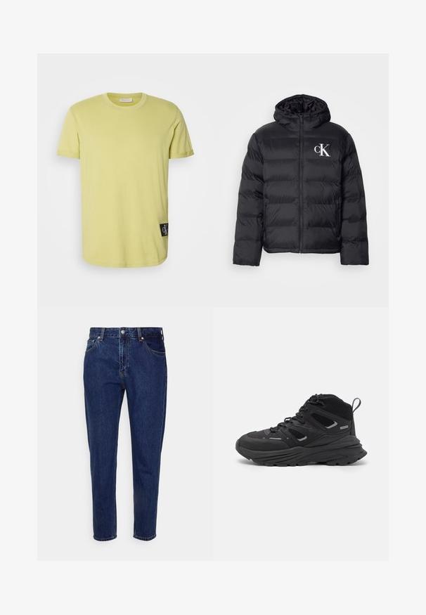 Mustam švammjakke, millel on esiküljel tõmblukk, kapuuts ja valge "CK" logo. Omab quiltitud disaini ja siledat, läikivat tekstuuri.; Lime roheline puuvillane T-särk, lühiuggledega ja ümmarguse kaelusega, vasakul serval must CK logo plaastriga.; Tumed sinise denimi teksad, sirge sääre disainiga, viie taskuga ja nupuväärisega kinnitusega. Omab peenet kulumist ja õmbluse detailimist.; Mustad matkajalatsid, millel on kihiline disain, tekstureeritud kangas ja kummist tallad, tugevduskohtadega ning sidumisfront.