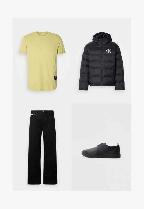Černá péřová bunda s předním zipem, kapucí a bílým logem "CK". Obsahuje prošívaný design a hladký, lesklý povrch.; Limetkově zelené bavlněné tričko s kulatým výstřihem, krátkými rukávy a černým logem CK na levé straně blízko lemu.; Černé denimové kalhoty s širokým střihem, s pěti kapsami a kovovými knoflíky. Hladký povrch, bez viditelných vzorů.; Černé kožené tenisky s hladkým povrchem, zaoblenou špičkou, tónovým prošíváním, šněrovacím uzávěrem a plochou gumovou podrážkou. Očko na patě.
