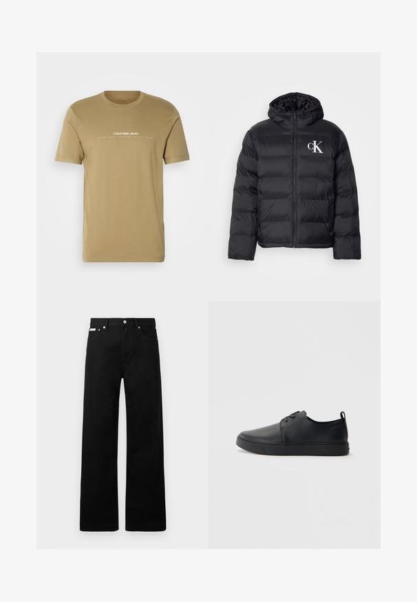 Melnā pūkainā jaka ar rāvējslēdzēja priekšpusi, kapuci un baltu "CK" logotipu. Iezīmējas ar kvadrātveida dizainu un gludu, spīdīgu tekstūru.; Dzeltena kokvilnas T-kreklu ar īsām piedurknēm. Priekšpusē ir balts teksta logo "Calvin Klein Jeans" un dibināšanas gads.; Melni džinsi ar platajiem bikšu dizainu, ar piecām kabatām un metāla pogām. Gluda tekstūra, bez redzamām rakstu detaļām.; Melnas ādas kedas ar gludu apdari, noapaļota purngala, tonāla šuvēm, auklu fronti un plakanu gumijas zoli. Cilpa pie papēža.