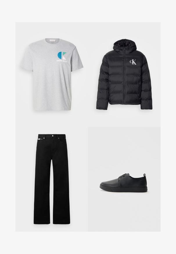 Svart puffjacka med dragkedja framtill, huva och vitt "CK"-logotyp. Har en vadderad design och slät, glänsande yta.; Grå bomullströja med en flerfärgad Calvin Klein-logotyp på vänster bröst, med korta ärmar och en klassisk rundad halsringning.; Svarta denimbyxor med en vid bendesign, som har fem fickor och metallknappar. Slät textur, inga synliga mönster.; Svart lädersneaker med en slät yta, rund tå, tonad sömnad, snörning framtill och en platt gummisula. Ögla vid hälen.