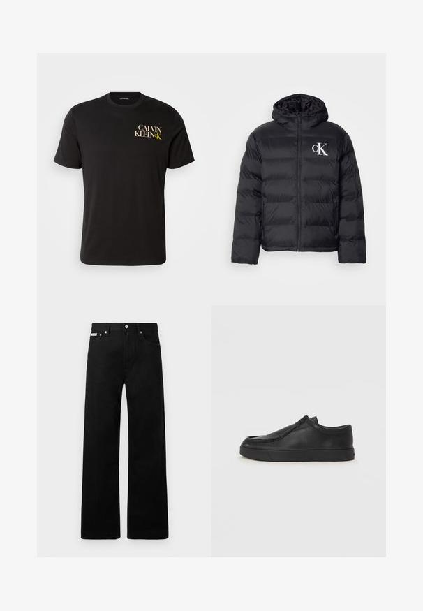 Geacă puffer neagră cu fermoar frontal, glugă și logo alb "CK". Prezintă un design matlasat și o textură netedă, lucioasă.; Tricou din bumbac negru cu mâneci scurte, având un print pe partea stângă a pieptului în aurii și alb cu textul "CALVIN KLEIN CK." Guler clasic de tip crew.; Pantaloni din denim negri cu un design cu picioare largi, având cinci buzunare și accesorii metalice pentru butoane. Textură netedă, fără modele vizibile.; Pantofii din piele neagră, fără șireturi, cu vârful rotund, detalii cusute și talpă din cauciuc negru. Textură netedă cu un design minimalist.