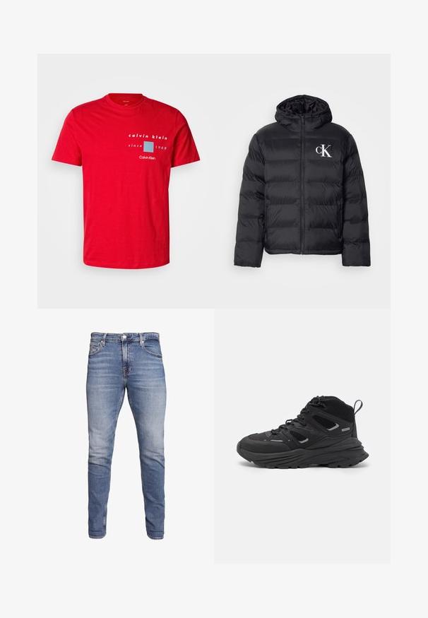 Sort pufferjakke med lynlås foran, hætte og hvidt "CK" logo. Har en quiltet design og en glat, skinnende overflade.; Rød bomulds t-shirt med rund hals, korte ærmer og et trykt logo design i hvid og blå, med teksten "siden 1968".; Blå slim-fit jeans med fem lommer, bleget vask, knaplukning og bæltestropper, præsenteret mod en hvid baggrund.; Sorte vandresko med et lagdelt design, tekstureret stof og gummisål, med forstærkede områder og snørebånd foran.
