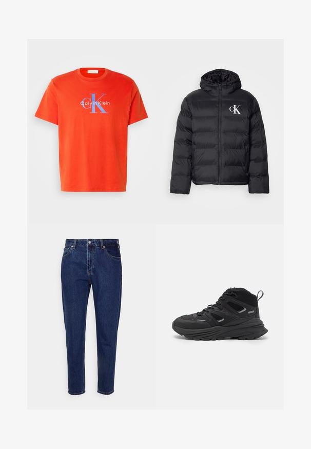 Mustat untuvatakki, jossa on vetoketjullinen etuosa, huppu ja valkoinen "CK"-logo. Takissa on tilkkutäkkikuvio ja sileä, kiiltävä pinta.; Punainen puuvillapaita lyhyillä hihoilla, jossa on sininen "Calvin Klein" -logo ja "CK" -muotoilu edessä. Yksinkertainen pyöreä kaula-aukko.; Tummansinisiä farkkuhousuja, joissa on suora lahje, viisi taskua ja nappisuljin. Housuissa on hienovaraista kulumista ja ompeluyksityiskohtia.; Mustia vaeltajakenkiä, joissa on kerroksellinen muotoilu, teksturoitu kangas ja kumipohja. Kenkien vahvistettuja alueita ja nauhakiinnitys edessä.