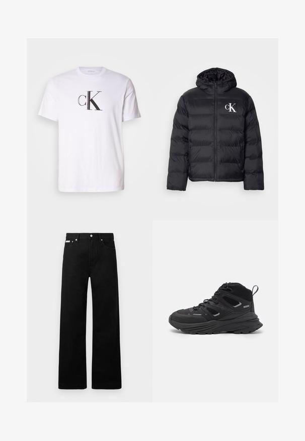 Geacă puffer neagră cu fermoar frontal, glugă și logo alb "CK". Prezintă un design matlasat și o textură netedă, lucioasă.; Tricou alb din bumbac, cu un logo 'cK' negru proeminent, într-un font îndrăzneț, pe față. Mâneci scurte și decolteu clasic rotund.; Pantaloni din denim negri cu un design cu picioare largi, având cinci buzunare și accesorii metalice pentru butoane. Textură netedă, fără modele vizibile.; Pantofi de drumeție negri cu un design stratificat, material texturat și talpă din cauciuc, cu zone întărite și sistem de șireturi.