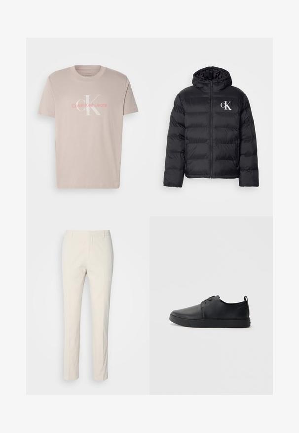 Crna puffer jakna s patentnim zatvaračem sprijeda, kapuljačom i bijelim "CK" logom. Ima kviltani dizajn i glatku, sjajnu teksturu.; Bež majica od pamuka s okruglim izrezom, kratkim rukavima, koja na prednjoj strani ima suptilan bijeli i ružičasti dizajn logotipa "Calvin Klein Jeans".; Pantalone boje kreme s teksturiranim materijalom. Ima ravne nogavice, petlje za pojas i dvije prednje džepove. Bez uzoraka.; Crne kožne tenisice s glatkom površinom, zaobljenim vrhom, tonom prošivanja, vezanjem sprijeda i ravnim gumenim potplatom. Oko pete se nalazi učka.