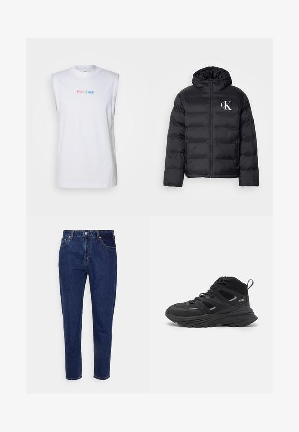 Casaco puffer preto com fecho frontal, capuz e logótipo "CK" branco. Apresenta um design acolchoado e uma textura suave e brilhante.; T-shirt branca sem mangas, feita de algodão, com decote redondo. Apresenta texto multicolorido "Isto é Amor" na frente, design minimalista.; Jeans de denim azul escuro com um corte reto, cinco bolsos e fecho de botão. Apresenta desbotamento sutil e detalhes de costura.; Botas de caminhada pretas com um design em camadas, tecido texturizado e sola de borracha, com áreas reforçadas e atacadores na frente.
