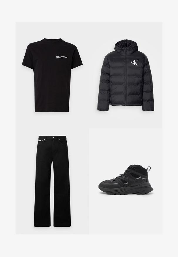 Casaco puffer preto com fecho frontal, capuz e logótipo "CK" branco. Apresenta um design acolchoado e uma textura suave e brilhante.; T-shirt preta feita de algodão, com gola redonda e mangas curtas. Texto de logótipo branco notável na área do lado esquerdo do peito. Design simples.; Calças de ganga pretas com um design de pernas largas, apresentando cinco bolsos e fechos metálicos. Textura suave, sem padrões visíveis.; Botas de caminhada pretas com um design em camadas, tecido texturizado e sola de borracha, com áreas reforçadas e atacadores na frente.