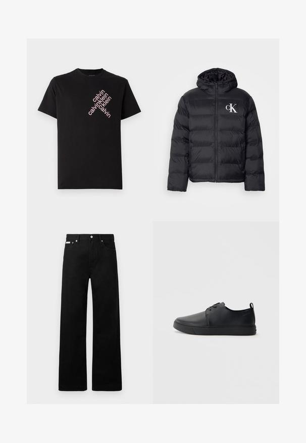 Una chaqueta acolchada negra con cremallera frontal, capucha y el logo "CK" en blanco. Presenta un diseño acolchado y una textura suave y brillante.; Camiseta de algodón negra con un estampado diagonal del logo "calvin klein" en rosa en la parte frontal. Manga corta y escote redondeado.; Pantalones de mezclilla negros con un diseño de pierna ancha, que cuentan con cinco bolsillos y herrajes de botón metálico. Textura suave, sin patrones visibles.; Zapatilla negra de cuero con acabado suave, punta redondeada, costuras a tono, cordones en la parte delantera y suela de goma plana. Asa en el talón.