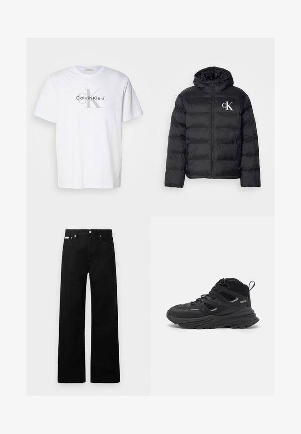 Casaco puffer preto com fecho frontal, capuz e logótipo "CK" branco. Apresenta um design acolchoado e uma textura suave e brilhante.; T-shirt branca de algodão com um logótipo cinza "Calvin Klein" e as iniciais "ck" em destaque. Design padrão de gola redonda.; Calças de ganga pretas com um design de pernas largas, apresentando cinco bolsos e fechos metálicos. Textura suave, sem padrões visíveis.; Botas de caminhada pretas com um design em camadas, tecido texturizado e sola de borracha, com áreas reforçadas e atacadores na frente.