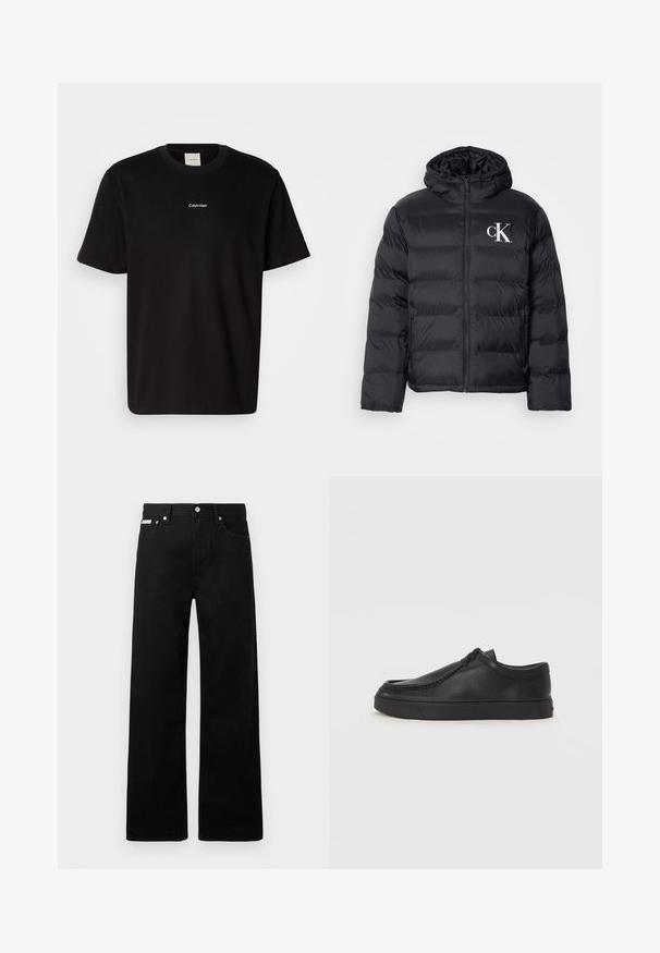 Μαύρο φουσκωτό μπουφάν με φερμουάρ μπροστά, κουκούλα και λευκό λογότυπο "CK". Διαθέτει σχεδίαση με καπιτονέ και λείο, γυαλιστερό υλικό.; Μαύρη βαμβακερή μπλούζα κοντομάνικη, με στρογγυλή λαιμόκοψη και λευκό λογότυπο "Calvin Klein" κεντραρισμένο στο στήθος. Λείο υφή, κλασική εφαρμογή.; Μαύρο τζιν παντελόνι με φαρδιά γραμμή, διαθέτει πέντε τσέπες και μεταλλικά κουμπιά. Λείος υφάσματος, χωρίς ορατά σχέδια.; Μαύρο δερμάτινο παπούτσι slip-on με στρογγυλή μύτη, ραφές και μαύρη καουτσούκ σόλα. Λείο υλικό με μινιμαλιστικό σχέδιο.