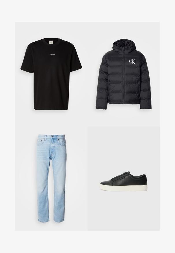 Svart puffjacka med dragkedja framtill, huva och vitt "CK"-logotyp. Har en vadderad design och slät, glänsande yta.; Svart bomull t-shirt med korta ärmar, rund halsringning och vit "Calvin Klein" logotyp centrerad på bröstet. Slät textur, klassisk passform.; Ljusblå denimjeans med rak benprofil, som har blekta sektioner, femficksdesign och en klassisk knäppning.; Svarta lädersneakers med perforerad textur, rund tå och platt vit gummisula. Har svarta snören och en diskret logotyp på sidan.