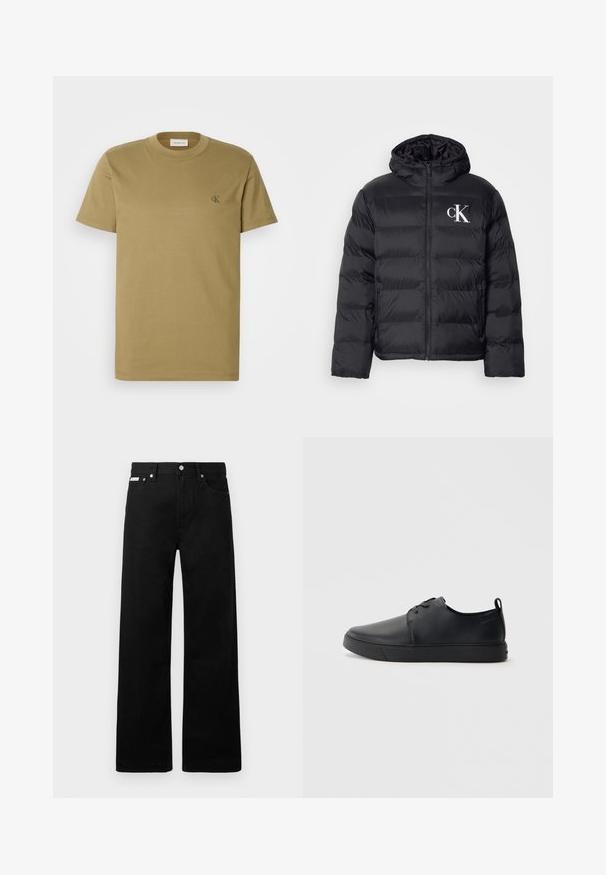 Črni puffjakna z zadrgo spredaj, kapuco in belim logotipom "CK". Ima prešito zasnovo in gladko, sijočo teksturo.; Olivnozeleni bombažni majica s krojem okoli vratu, kratkimi rokavi in diskretnim vezenim CK logotipom na prsih. Gladka tekstura.; Črne jeans hlače širokega kroja, z petimi žepi in kovinskimi gumbi. Gladka tekstura, brez vidnih vzorcev.; Črne usnjene športne čevlje z gladko površino, okroglo oblikovano nosilo, toniranim šivanjem, vezanjem spredaj in ravnim gumijastim podplatom. Zanko na peti.