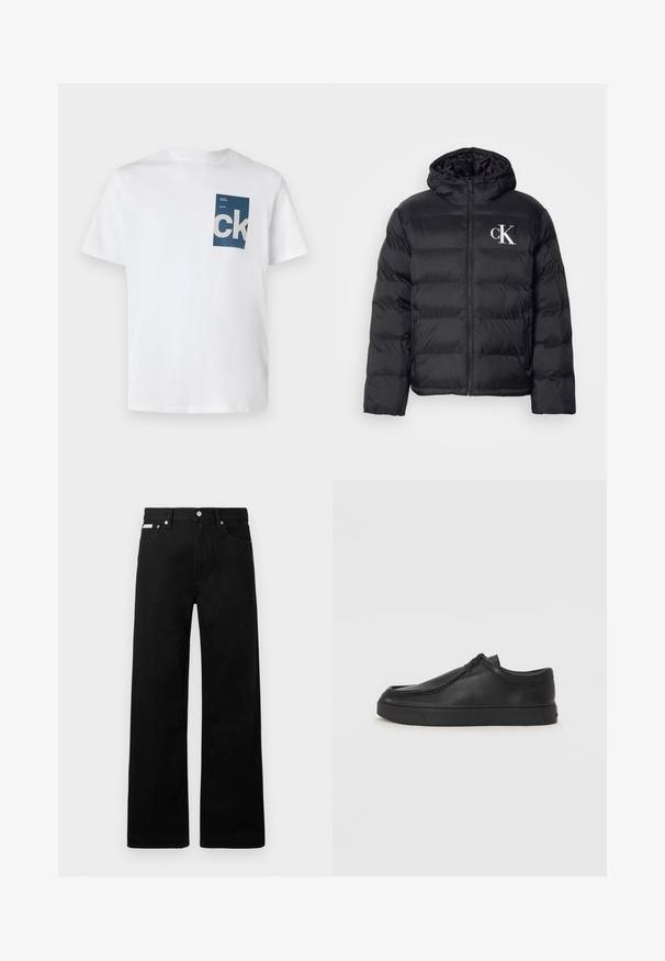 Casaco puffer preto com fecho frontal, capuz e logótipo "CK" branco. Apresenta um design acolchoado e uma textura suave e brilhante.; T-shirt branca de algodão com um bolso retangular azul com o logótipo "ck" e detalhes em texto em branco. Mangas curtas, decote redondo, ajuste regular.; Calças de ganga pretas com um design de pernas largas, apresentando cinco bolsos e fechos metálicos. Textura suave, sem padrões visíveis.; Sapata slip-on de couro preto com biqueira arredondada, detalhes cosidos e sola de borracha preta. Textura suave com design minimalista.