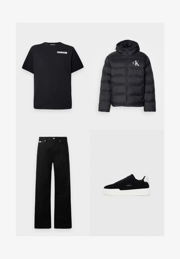 Mustam švammjakke, millel on esiküljel tõmblukk, kapuuts ja valge "CK" logo. Omab quiltitud disaini ja siledat, läikivat tekstuuri.; Must musta T-särk, ümar kaelus, lühikesed varrukad ja valge "CALVIN KLEIN" logo trükitud vasakule ülemisele poole.; Mustadest denimist püksid laiade jalgadega, viie tasku ja metallist nööpidega. Sile tekstuur, nähtavad mustrid puuduvad.; Mustad mustad tossussneaker valge tallaga ja kontsaabiga, nööbid ees, ja Calvin Kleini logo küljel.