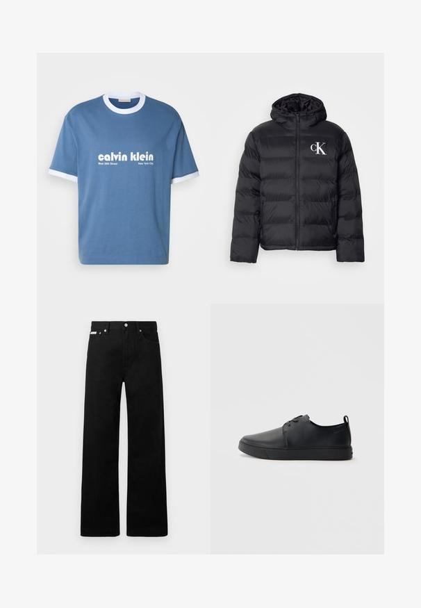 Melnā pūkainā jaka ar rāvējslēdzēja priekšpusi, kapuci un baltu "CK" logotipu. Iezīmējas ar kvadrātveida dizainu un gludu, spīdīgu tekstūru.; Zila zila kokvilnas T-kreklu ar baltu ribota apkakli un piedurkņu galiem. Priekšpusē ir "calvin klein" logo un teksts "West 39th Street New York City".; Melni džinsi ar platajiem bikšu dizainu, ar piecām kabatām un metāla pogām. Gluda tekstūra, bez redzamām rakstu detaļām.; Melnas ādas kedas ar gludu apdari, noapaļota purngala, tonāla šuvēm, auklu fronti un plakanu gumijas zoli. Cilpa pie papēža.