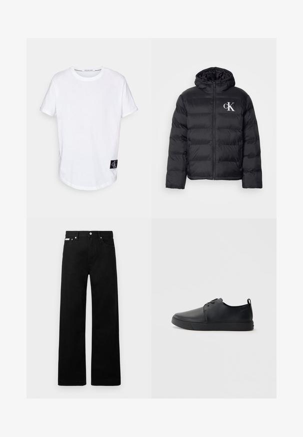 Geacă puffer neagră cu fermoar frontal, glugă și logo alb "CK". Prezintă un design matlasat și o textură netedă, lucioasă.; Tricou alb din bumbac, cu mâneci scurte răsucite, hem rotunjit și o etichetă logo neagră cu "CK" în colțul din stânga jos.; Pantaloni din denim negri cu un design cu picioare largi, având cinci buzunare și accesorii metalice pentru butoane. Textură netedă, fără modele vizibile.; Sneakers din piele neagră cu un finisaj neted, vârf rotund, cusături tonale, șireturi în față și o talpă plată din cauciuc. Buclă la călcâi.
