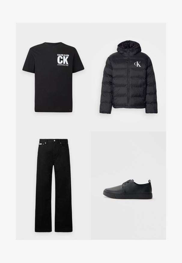 Mustam švammjakke, millel on esiküljel tõmblukk, kapuuts ja valge "CK" logo. Omab quiltitud disaini ja siledat, läikivat tekstuuri.; Mustast puuvillast T-särk, millel on ümmargune kaelus, lühikesed varrukad ja ees valge graafiline trükk "CALVIN KLEIN CK Established 1968".; Mustadest denimist püksid laiade jalgadega, viie tasku ja metallist nööpidega. Sile tekstuur, nähtavad mustrid puuduvad.; Mustaläik nahast spordijalatsid siledaga viimistlusega, ümarate varvastega, sama tooni õmblustega, nööbid ees, ja lamedate kummist tallaga. Kannas aas.