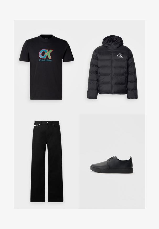 Casaco puffer preto com fecho frontal, capuz e logótipo "CK" branco. Apresenta um design acolchoado e uma textura suave e brilhante.; T-shirt de algodão preto com um logótipo "OK" multicolorido e texto "Calvin Klein", gola redonda e mangas curtas.; Calças de ganga pretas com um design de pernas largas, apresentando cinco bolsos e fechos metálicos. Textura suave, sem padrões visíveis.; Sapatilha de couro preta com um acabamento liso, bico arredondado, costura ton sur ton, frente com atacadores e sola plana de borracha. Alça no calcanhar.