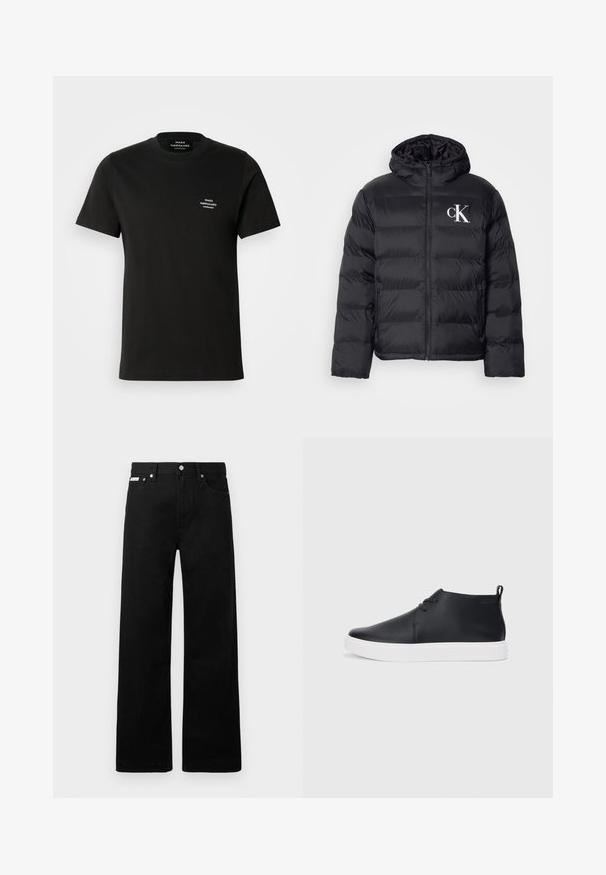 Sort pufferjakke med lynlås foran, hætte og hvidt "CK" logo. Har en quiltet design og en glat, skinnende overflade.; Sort bomulds T-shirt med korte ærmer, rund hals og et lille hvidt logo på venstre bryst. Glat tekstur og klassisk pasform.; Sorte denimbukser med bred ben-design, der har fem lommer og metallisk knapdetalje. Glat tekstur, uden synlige mønstre.; Sorte læder højtop sneakers med en glat finish, hvid gummisål og simpel snørebåndsdesign. Har en pull tab bagpå.