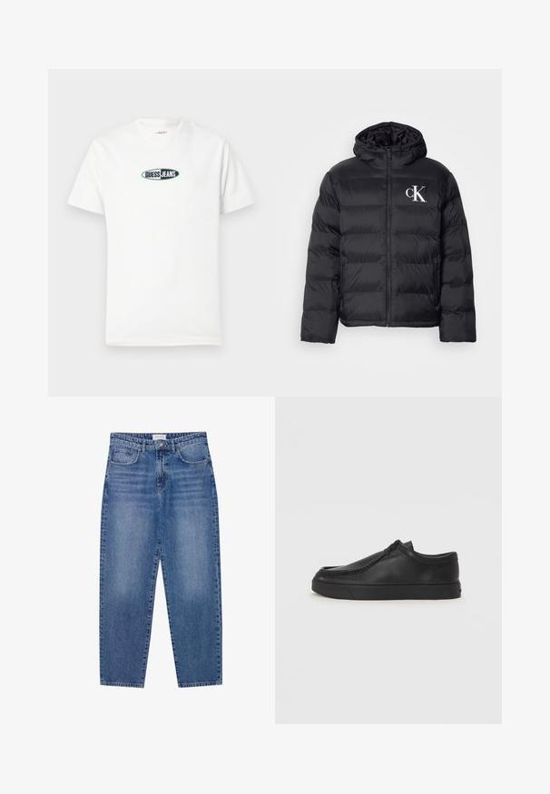 Svart pufferjakke med glidelås foran, hette og hvit "CK" logo. Har en quiltet design og en glatt, skinnende tekstur.; Hvit bomulls-T-skjorte med korte ermer og rund hals. Har en sentral brodert logo med teksten "GUESS JEANS."; Blå denim jeans med høy midje, rett bendesign og falmet finish. Har fem lommer og knappelukking.; Sorte skinnsko uten snøring med rund tå, sydd detaljer og svart gummisåle. Glatt tekstur med minimalistisk design.