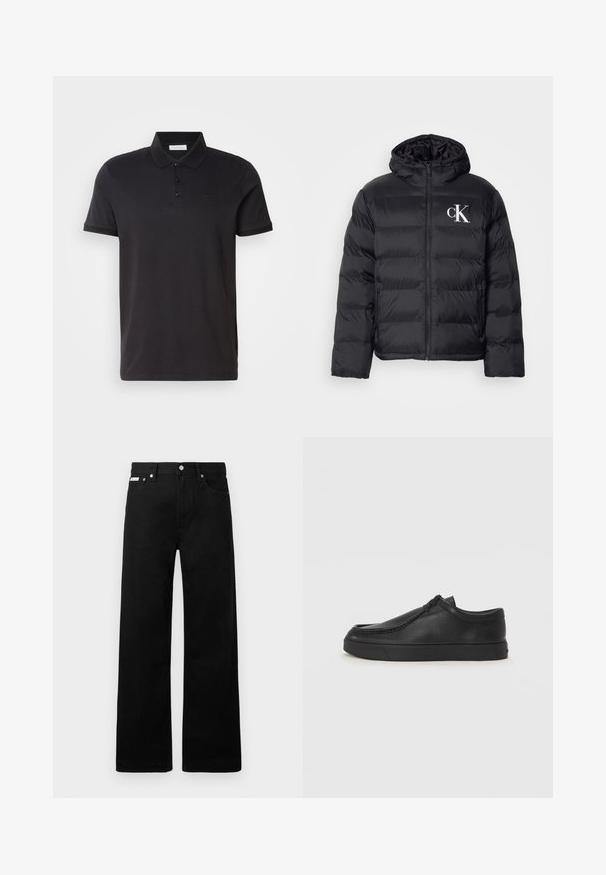 Casaco puffer preto com fecho frontal, capuz e logótipo "CK" branco. Apresenta um design acolchoado e uma textura suave e brilhante.; Pólo preto feito de um tecido de algodão suave. Apresenta uma aba de dois botões, mangas curtas e um logótipo discreto no peito.; Calças de ganga pretas com um design de pernas largas, apresentando cinco bolsos e fechos metálicos. Textura suave, sem padrões visíveis.; Sapata slip-on de couro preto com biqueira arredondada, detalhes cosidos e sola de borracha preta. Textura suave com design minimalista.