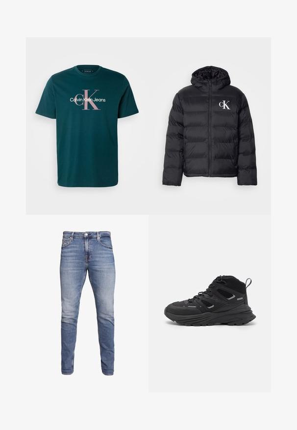 Una chaqueta acolchada negra con cremallera frontal, capucha y el logo "CK" en blanco. Presenta un diseño acolchado y una textura suave y brillante.; Calvin Klein Jeans HERO MONOGRAM TEE - Camiseta estampada - ponderosa pine; Vaqueros ajustados azules con cinco bolsillos, lavado desgastado, cierre de botón y presillas para cinturón, exhibidos sobre un fondo blanco.; Botas de senderismo negras con un diseño estratificado, tejido texturizado y suela de goma, con áreas reforzadas y cordones en la parte delantera.