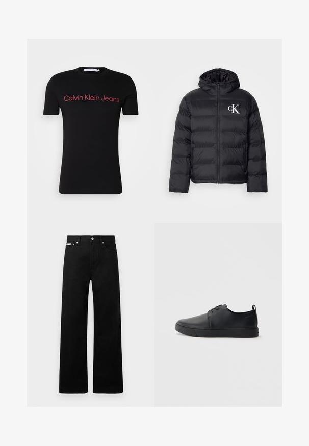 Čierna páperová bunda s predným zipsom, kapucňou a bielym logom "CK". Má prešívaný dizajn a hladkú, lesklú textúru.; Čierne krátke rukávy tričko z bavlny s okrúhlym výstrihom. Červené logo "Calvin Klein Jeans" naprieč hrudníkom, jednoduchý dizajn, žiadne ďalšie vzory.; Čierne džínsy s širokými nohavicami, obsahujúce päť vreciek a kovové zapínanie. Hladká textúra, bez viditeľných vzorov.; Čierne kožené tenisky s hladkým povrchom, zaoblenou špičkou, tonálnym šitím, šnurovaním vpredu a plochou gumovou podrážkou. Obojok na päte.