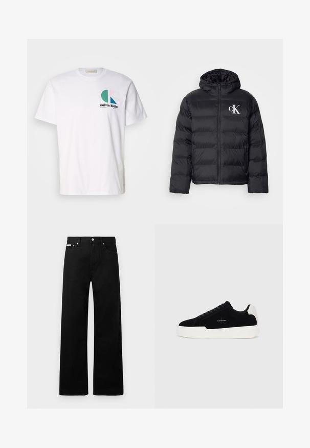 Juodas pūkų paltas su užtrauktuko priekyje, gobtuvu ir baltu "CK" logotipu. Turėtų siuvinėtą dizainą ir sklandžią, blizgią tekstūrą.; Balti medvilnės marškinėliai su daugiapalviu grafiniu dizainu, apvalių formų ir „Calvin Klein“ logotipu priekyje. Trumpomis rankovėmis, apvaliu kaklu.; Juodos džinsinės kelnės su plačiu kojų dizainu, turinčios penkias kišenes ir metalinius sagčių akcentus. Lygus paviršius, be matomų raštų.; Juodos žemos sportinės bateliai su balta padais ir kulno juostele, susirišami priekyje, su Calvin Klein logo šone.