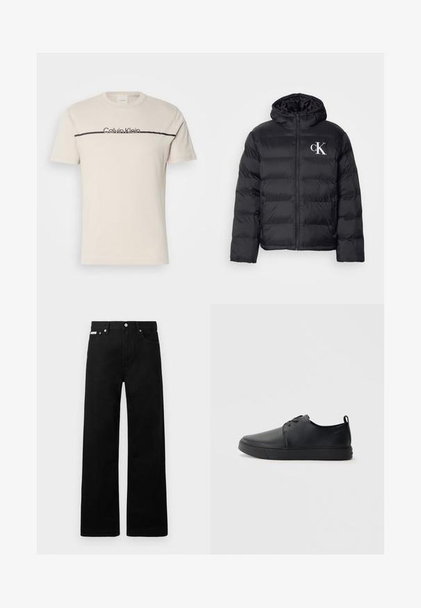 Sort pufferjakke med lynlås foran, hætte og hvidt "CK" logo. Har en quiltet design og en glat, skinnende overflade.; Krèmfarget bomulls t-skjorte med korte ermer, med et svart "Calvin Klein" logo og en horisontal svart stripe over brystet.; Sorte denimbukser med bred ben-design, der har fem lommer og metallisk knapdetalje. Glat tekstur, uden synlige mønstre.; Sorte lædersneakers med en glat finish, rund tå, tonalt syning, snøring foran og en flad gummisål. Løkke ved hælen.