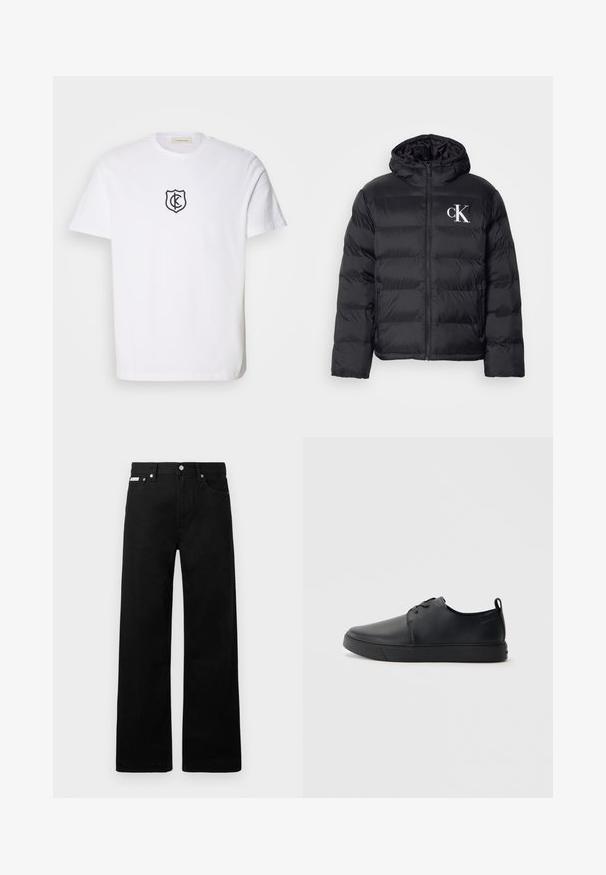 Melnā pūkainā jaka ar rāvējslēdzēja priekšpusi, kapuci un baltu "CK" logotipu. Iezīmējas ar kvadrātveida dizainu un gludu, spīdīgu tekstūru.; Balts kokvilnas T-krekls ar melnu izšuvumu formas logotipu uz krūšu. Klasiska apaļa kakla izgriezums un īsas piedurknes, nav papildu motīvu.; Melni džinsi ar platajiem bikšu dizainu, ar piecām kabatām un metāla pogām. Gluda tekstūra, bez redzamām rakstu detaļām.; Melnas ādas kedas ar gludu apdari, noapaļota purngala, tonāla šuvēm, auklu fronti un plakanu gumijas zoli. Cilpa pie papēža.