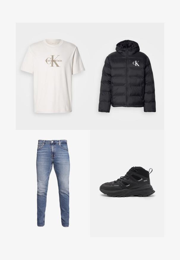 Svart puffjacka med dragkedja framtill, huva och vitt "CK"-logotyp. Har en vadderad design och slät, glänsande yta.; Vit kortärmad t-shirt i bomull med beige "cK Calvin Klein"-logotyp tryckt över bröstet, rund halsringning och avslappnad passform.; Blå slim-fit jeans med fem fickor, blekt tvätt, knäppning och bälteshål, uppvisade mot en vit bakgrund.; Svarta vandringsskor med ett flerskiktat mönster, texturerat tyg och gummisula, med förstärkta områden och snörning fram.