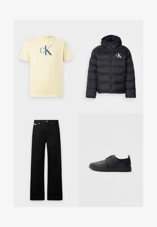 Mustam švammjakke, millel on esiküljel tõmblukk, kapuuts ja valge "CK" logo. Omab quiltitud disaini ja siledat, läikivat tekstuuri.; Hele hele kollase puuvillane T-särk, mille keskel on tumehall "ck" logo rinnal ja ümara kaelusega lühikesed varrukad.; Mustadest denimist püksid laiade jalgadega, viie tasku ja metallist nööpidega. Sile tekstuur, nähtavad mustrid puuduvad.; Mustaläik nahast spordijalatsid siledaga viimistlusega, ümarate varvastega, sama tooni õmblustega, nööbid ees, ja lamedate kummist tallaga. Kannas aas.