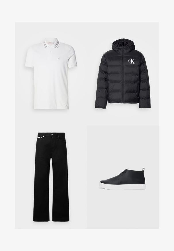 Czarna kurtka puchowa z zamkiem z przodu, kapturem i białym logo "CK". Posiada pikowany wzór oraz gładką, błyszczącą teksturę.; Biała koszulka polo wykonana z bawełny, z zapięciem na dwa guziki, szarym paskowanym kołnierzykiem oraz małym haftowanym logo po lewej stronie klatki piersiowej.; Czarne dżinsowe spodnie o szerokim kroju, z pięcioma kieszeniami i metalowymi guzikami. Gładka tekstura, bez widocznych wzorów.; Czarne skórzane sneakersy za kostkę o gładkim wykończeniu, białej gumowej podeszwie i prostym sposobie sznurowania. Posiadają uchwyt z tyłu.