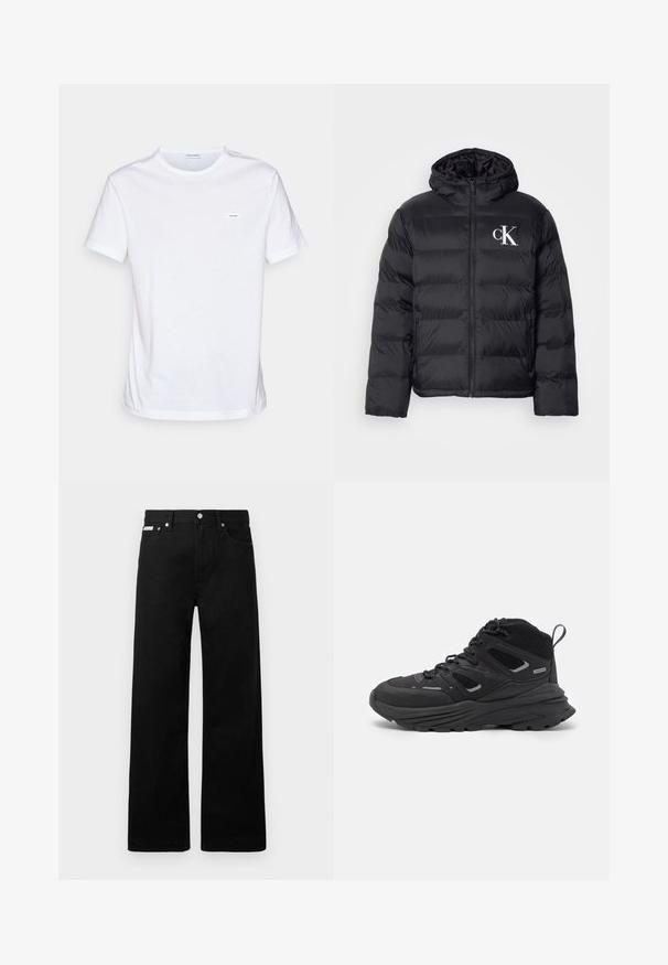 Czarna kurtka puchowa z zamkiem z przodu, kapturem i białym logo "CK". Posiada pikowany wzór oraz gładką, błyszczącą teksturę.; Biała bawełniana koszulka z krótkim rękawem, okrągłym dekoltem i małą metką z logo na piersi. Gładka tekstura i minimalistyczny design.; Czarne dżinsowe spodnie o szerokim kroju, z pięcioma kieszeniami i metalowymi guzikami. Gładka tekstura, bez widocznych wzorów.; Czarne buty trekkingowe z warstwowym wzornictwem, teksturowanym materiałem i gumową podeszwą, z wzmocnionymi obszarami i sznurowanym przodem.