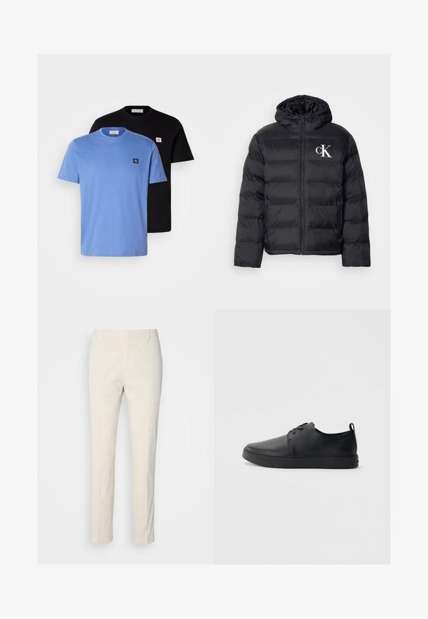 Svart pufferjakke med glidelås foran, hette og hvit "CK" logo. Har en quiltet design og en glatt, skinnende tekstur.; To bomulls T-skjorter, en lys blå og en svart, med rund hals og små logo lapper på brystet. Glatt tekstur.; Kremfargede skreddersydde bukser med teksturert stoff. Har en rett ben-design, beltehemper og to frontlommer. Ingen mønstre.; Svart lær sneakers med glatt overflate, rund tå, tonede sømmer, snøring foran og flat gummisåle. Løkke på hælen.
