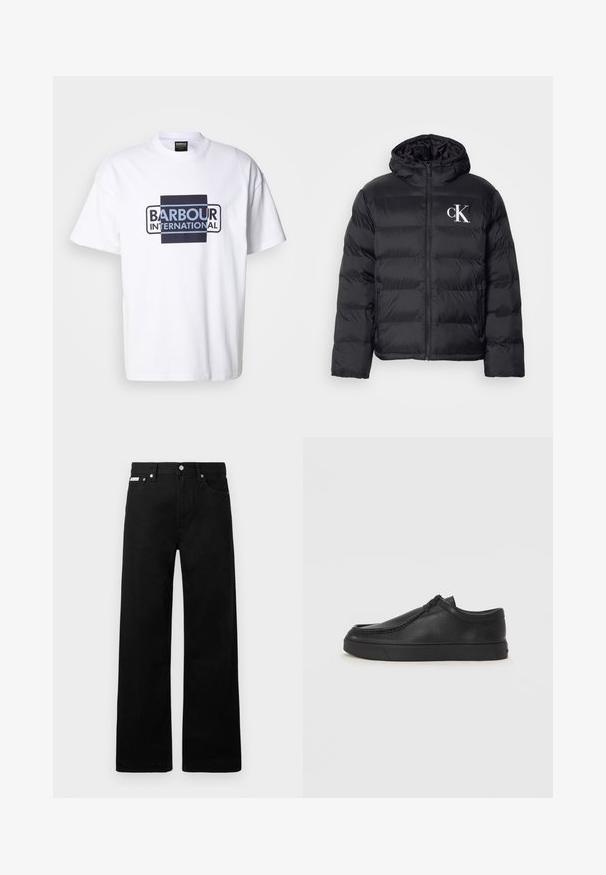 Black puffer jacket with a zip front, hood, and white "CK" logo. Features a quilted design and smooth, shiny texture.; White cotton t-shirt featuring bold "Barbour International" logo in blue and black. Classic round neck, short sleeves, and relaxed fit.; Black denim pants with a wide-leg design, featuring five pockets and metallic button hardware. Smooth texture, no visible patterns.; Black leather slip-on shoe with a rounded toe, stitched detailing, and black rubber sole. Smooth texture with minimalistic design.
