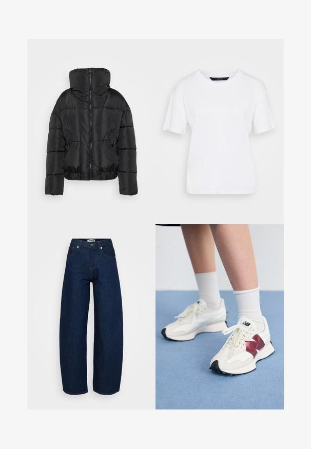 Must mustvalge puffer-jakk kõrge krae, lukuga sulgemine ja kaks esist pocketit. Omab lühendatud siluetti ja tikandiga disaini.; Valge lühikeste varrukatega T-särk, mis on valmistatud puuvillast. Sellel on ümmargune kaelus ja lõdvestatud istuvus, lihtne disain ning ilma nähtavate mustrite või aktsentideta.; Laiad teksad tumedast sinisest denimist. Omab nööbisuletust, viit taskut ja nähtavat õmblust. Sile tekstuur ja lõdvestunud sobivus.; Valge tenniste paar marooni aktsentide, tekstuuriliste paneelide, lame musta tallaga ja heleda nööriga, kantud valgete pahkl sockidega.